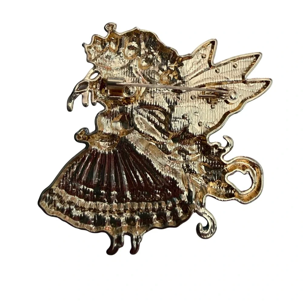Whimsical Pastel Enamel Fairy Brooch Pin Gold Tone Rhinestone Cottagecore Pixie